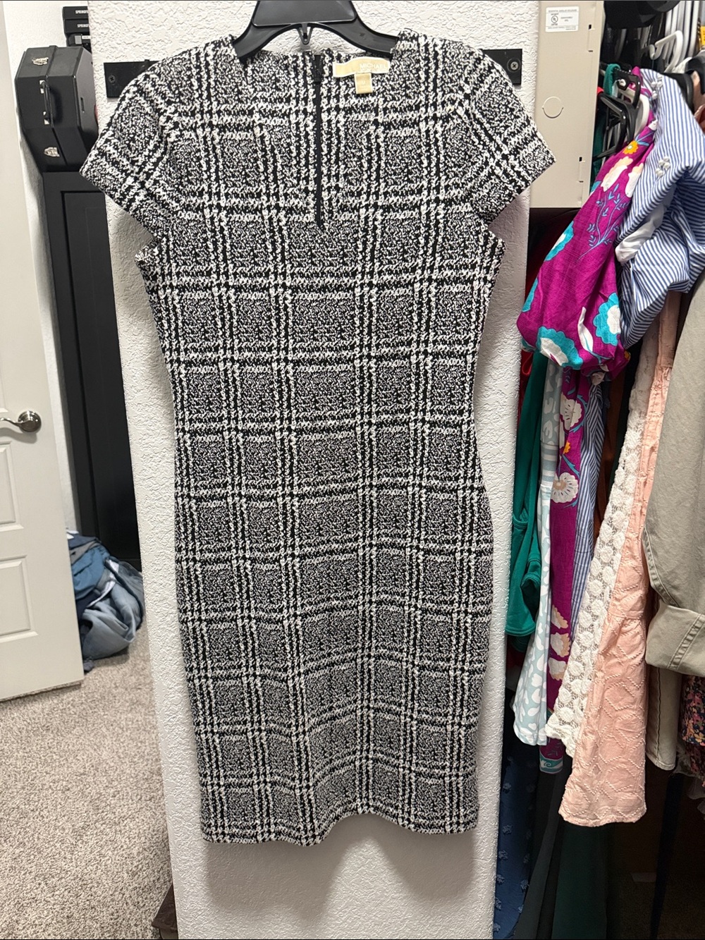 Michael Kors Black and White Plaid Midi Sheath Dress